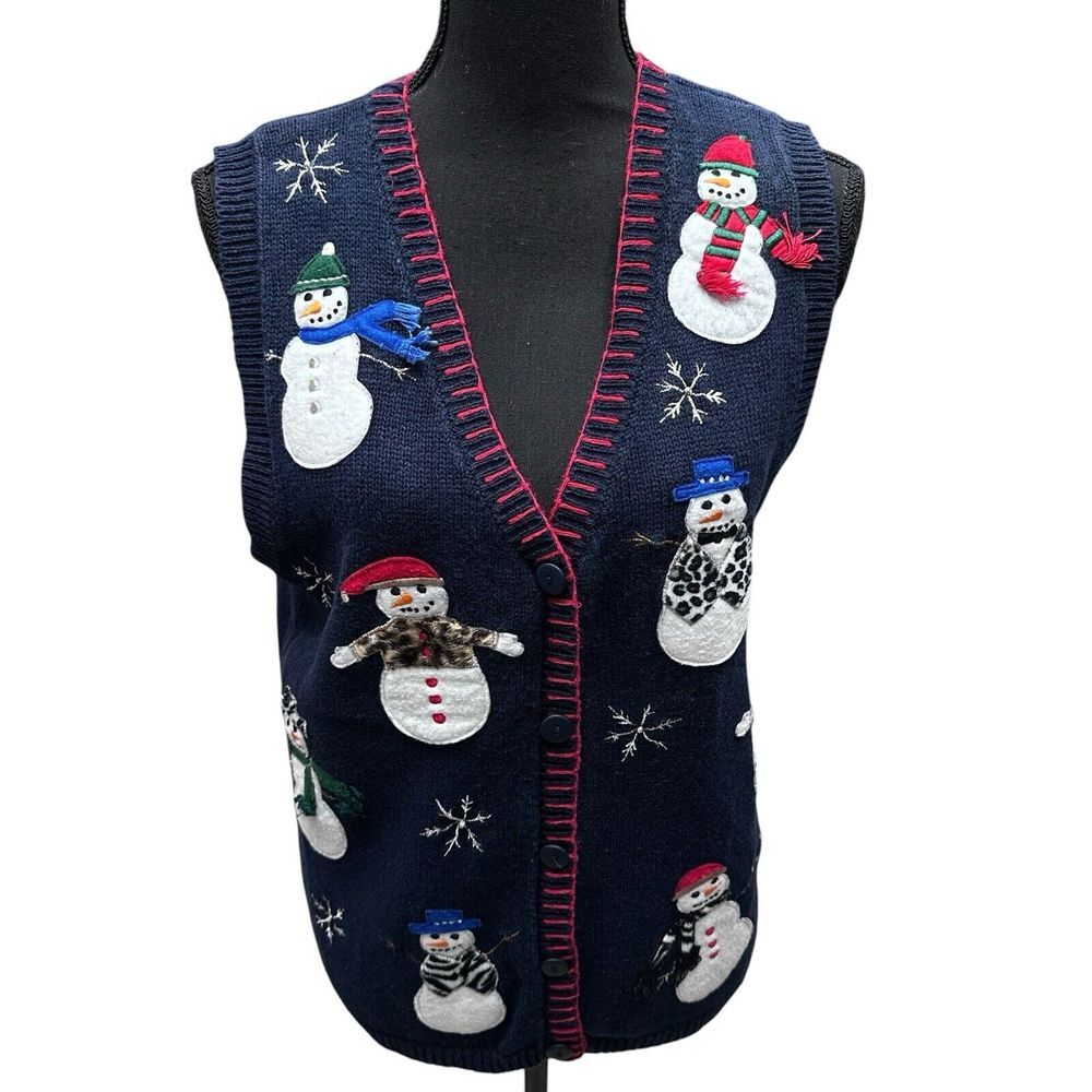 Vintage Capacity Sweater Vest Medium Christmas Snowman Holiday‎ Blue